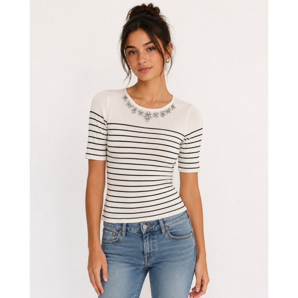 Ann Taylor Top Womens XS White Black Striped Embellished Nautical Preppy
